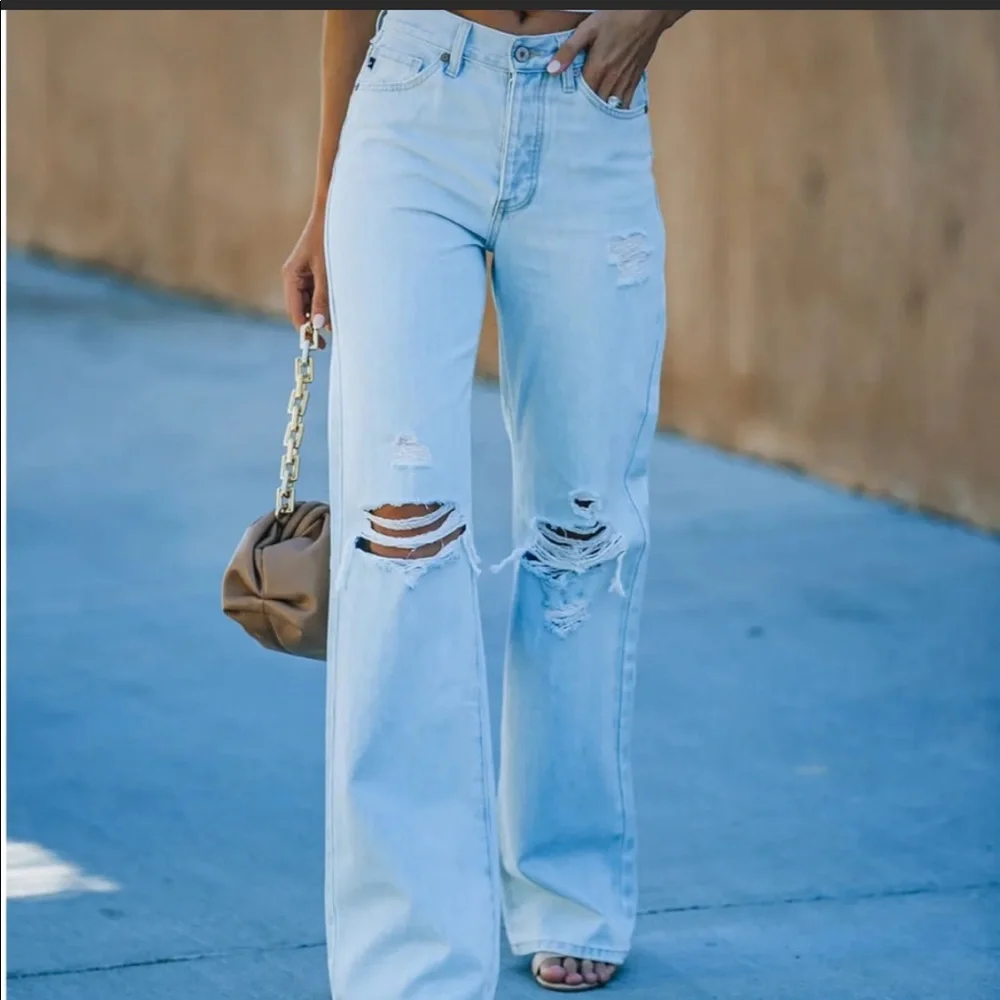 HIGH WAIST 90’s Style Light Wash Wide Leg Distressed Ripped Flare Denim Jeans - Picture 2 of 10